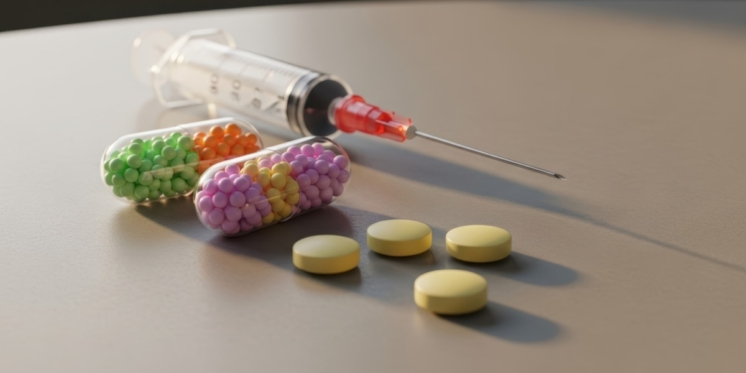 A Syringe with a big needle and some colorful pills on the table.