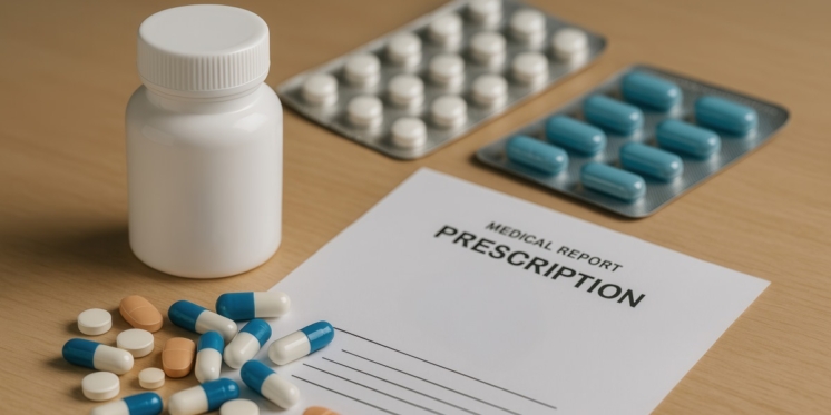 Prescription and various medicines on a table.