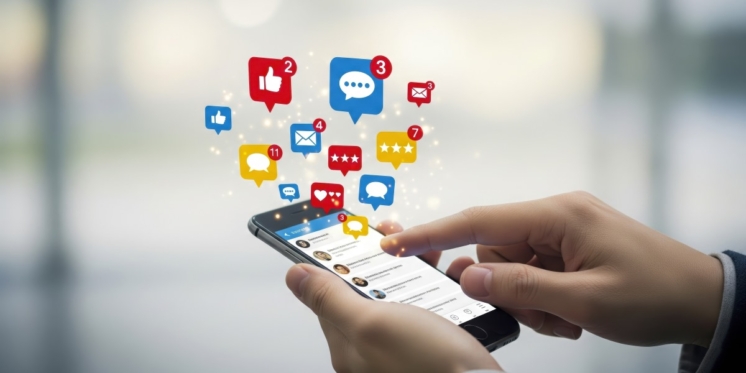 Man using a smartphone showing various types of Social Media Apps.