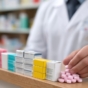 Pharmacist standing behind a pharmacy counter with various medicine boxes displayed on the desk.