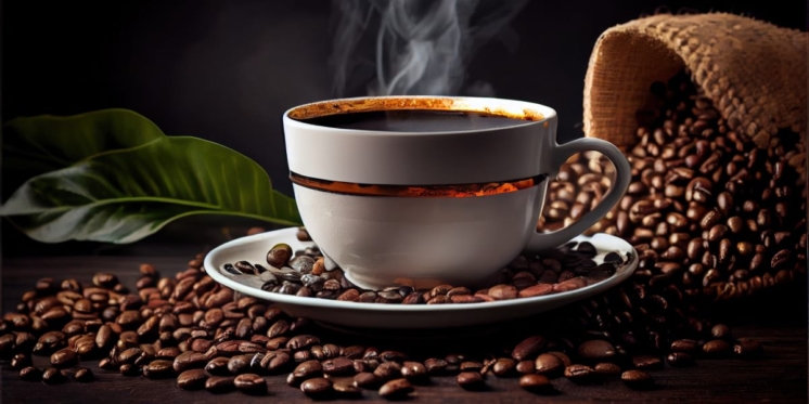A cup of coffee and coffee beans scattered around it.