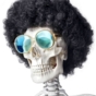 skeleton wearing sunglasses and a wig