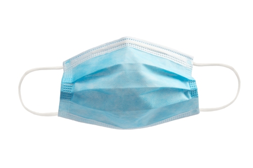A blue surgical face mask shown as if it were worn on a person's face