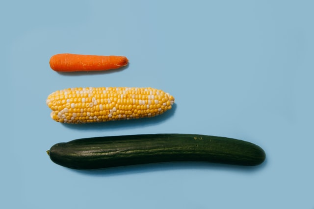 A carrot, corn, and cucumber on blue background