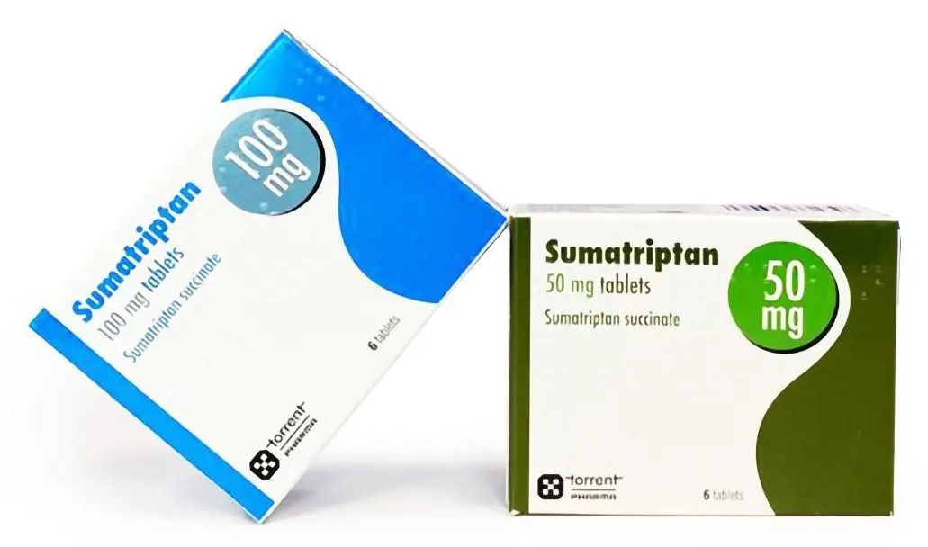 A box of torrent branded 100mg sumatriptan leaning on a box of 50mg sumatriptan tablets